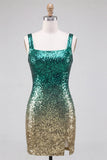 Sprankelende groene en gouden bodycon vierkante hals pailletten homecoming jurk met split