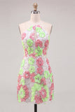 Roze en groene bloem bodycon spaghetti bandjes homecoming jurk met borduursel
