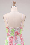 Roze en groene bloem bodycon spaghetti bandjes homecoming jurk met borduursel