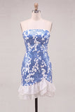 Strapless blauwe bodycon pailletten korte homecomingjurk met ruches