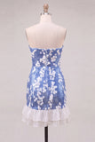 Strapless blauwe bodycon pailletten korte homecomingjurk met ruches