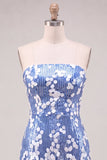 Strapless blauwe bodycon pailletten korte homecomingjurk met ruches