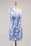 Bodycon Eenschouderblauwe pailletten Korte Homecoming-jurk