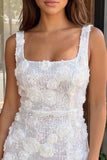 Ivoorkleurige vierkante hals bodycon pailletten homecoming jurk met 3D-bloemen