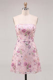 Strapless roze A-lijn bloemenpailletten korte homecomingjurk