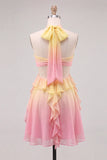 Geel en roze A-lijn chiffon geruffelde halter hals Homecoming jurk met 3D bloem