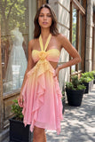 Geel en roze A-lijn chiffon geruffelde halter hals Homecoming jurk met 3D bloem
