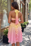 Geel en roze A-lijn chiffon geruffelde halter hals Homecoming jurk met 3D bloem