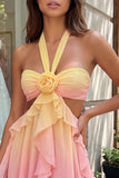 Geel en roze A-lijn chiffon geruffelde halter hals Homecoming jurk met 3D bloem