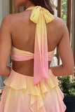 Geel en roze A-lijn chiffon geruffelde halter hals Homecoming jurk met 3D bloem