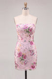 Roze bodycon strapless bloemenpailletten homecomingjurk