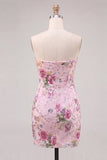 Roze bodycon strapless bloemenpailletten homecomingjurk