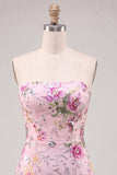 Roze bodycon strapless bloemenpailletten homecomingjurk