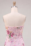 Roze bodycon strapless bloemenpailletten homecomingjurk
