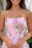 Roze bodycon strapless bloemenpailletten homecomingjurk