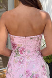 Roze bodycon strapless bloemenpailletten homecomingjurk