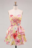 Roze A-lijn sweetheart bloemenjurk met gerimpelingen met kralen Homecoming Coming Dress
