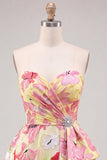 Roze A-lijn sweetheart bloemenjurk met gerimpelingen met kralen Homecoming Coming Dress