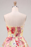 Roze A-lijn sweetheart bloemenjurk met gerimpelingen met kralen Homecoming Coming Dress