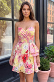 Roze A-lijn sweetheart bloemenjurk met gerimpelingen met kralen Homecoming Coming Dress