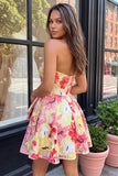 Roze A-lijn sweetheart bloemenjurk met gerimpelingen met kralen Homecoming Coming Dress