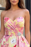Roze A-lijn sweetheart bloemenjurk met gerimpelingen met kralen Homecoming Coming Dress