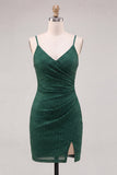 Donkergroene bodycon gerimpelde spaghettibandjes met kralenversierde homecoming-jurk met split
