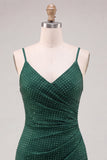 Donkergroene bodycon gerimpelde spaghettibandjes met kralenversierde homecoming-jurk met split