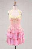 A-lijn gele en roze halter hals korset met gelaagde chiffon homecoming jurk