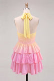 A-lijn gele en roze halter hals korset met gelaagde chiffon homecoming jurk