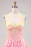 A-lijn gele en roze halter hals korset met gelaagde chiffon homecoming jurk