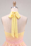 A-lijn gele en roze halter hals korset met gelaagde chiffon homecoming jurk