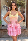 A-lijn gele en roze halter hals korset met gelaagde chiffon homecoming jurk