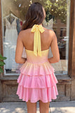 A-lijn gele en roze halter hals korset met gelaagde chiffon homecoming jurk