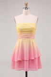 Geel en roze strapless A-lijn gerimpeld Chiffon Homecoming Dress
