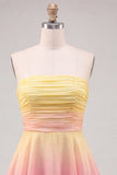 Geel en roze strapless A-lijn gerimpeld Chiffon Homecoming Dress