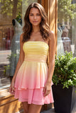 Geel en roze strapless A-lijn gerimpeld Chiffon Homecoming Dress