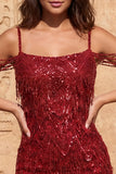 Cold Shoulder donkergroene pailletten Bodycon korte homecomingjurk met franjes