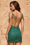 Cold Shoulder donkergroene pailletten Bodycon korte homecomingjurk met franjes