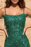 Cold Shoulder donkergroene pailletten Bodycon korte homecomingjurk met franjes