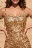 Cold Shoulder donkergroene pailletten Bodycon korte homecomingjurk met franjes