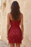 Strapless bordeauxrode bodycon korte homecomingjurk met franjes en pailletten