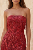 Strapless bordeauxrode bodycon korte homecomingjurk met franjes en pailletten