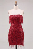 Strapless bordeauxrode bodycon korte homecomingjurk met franjes en pailletten
