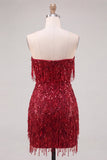 Strapless bordeauxrode bodycon korte homecomingjurk met franjes en pailletten