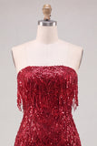 Strapless bordeauxrode bodycon korte homecomingjurk met franjes en pailletten