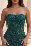 Strapless bordeauxrode bodycon korte homecomingjurk met franjes en pailletten