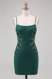 Donkergroen korset Bodycon Spaghetti Straps Bloemen Korte Homecoming Jurk met kant op de rug