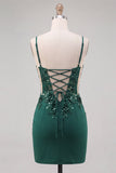 Donkergroen korset Bodycon Spaghetti Straps Bloemen Korte Homecoming Jurk met kant op de rug
