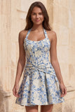 Lichtblauwe A-lijn halter hals Jacquard bloemenkorset Homecoming jurk